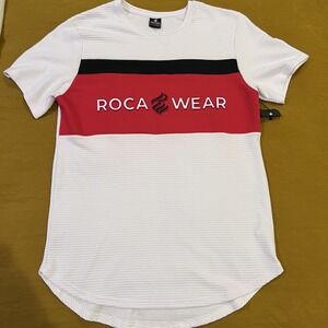 ROCAWEAR Men's Ribbed T-Shirt Large White Red Black Logo Curved Hem New